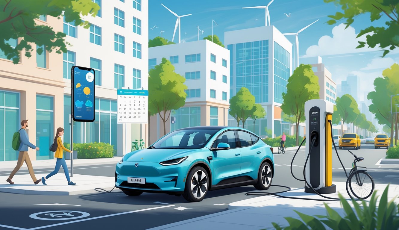An electric car charging on a city street with a driver adjusting settings inside, surrounded by symbols of changing driving habits and sustainable urban environment.