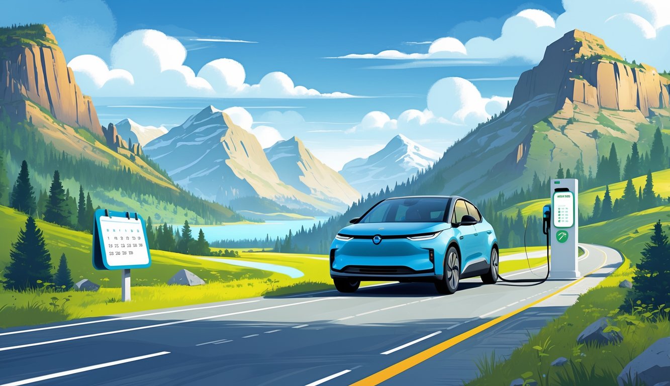 An electric vehicle driving on a highway through mountains and forests with a nearby charging station and a smartphone showing navigation.