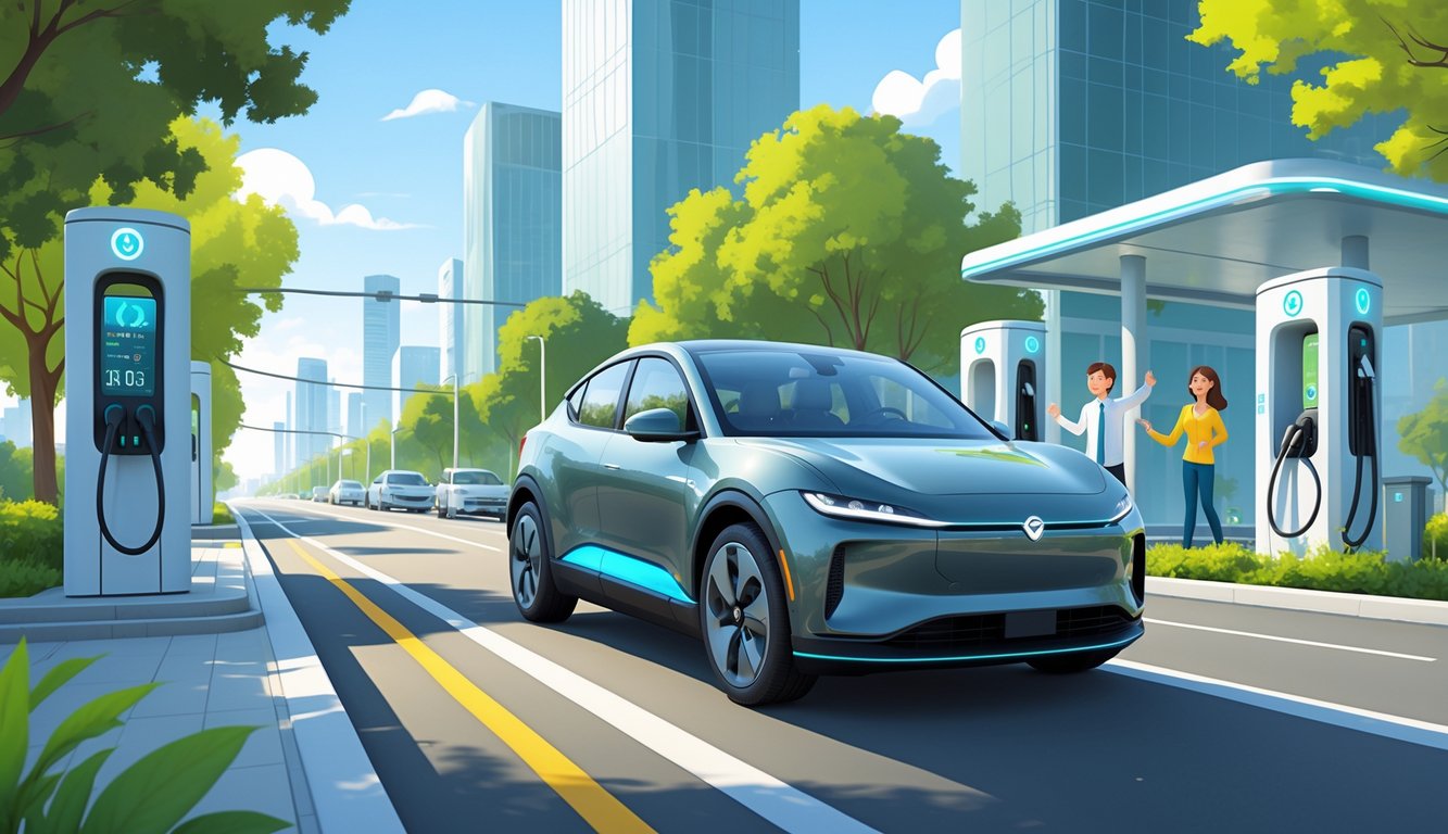 An electric car driving through a modern city with charging stations integrated into the environment and happy people enjoying the ride.