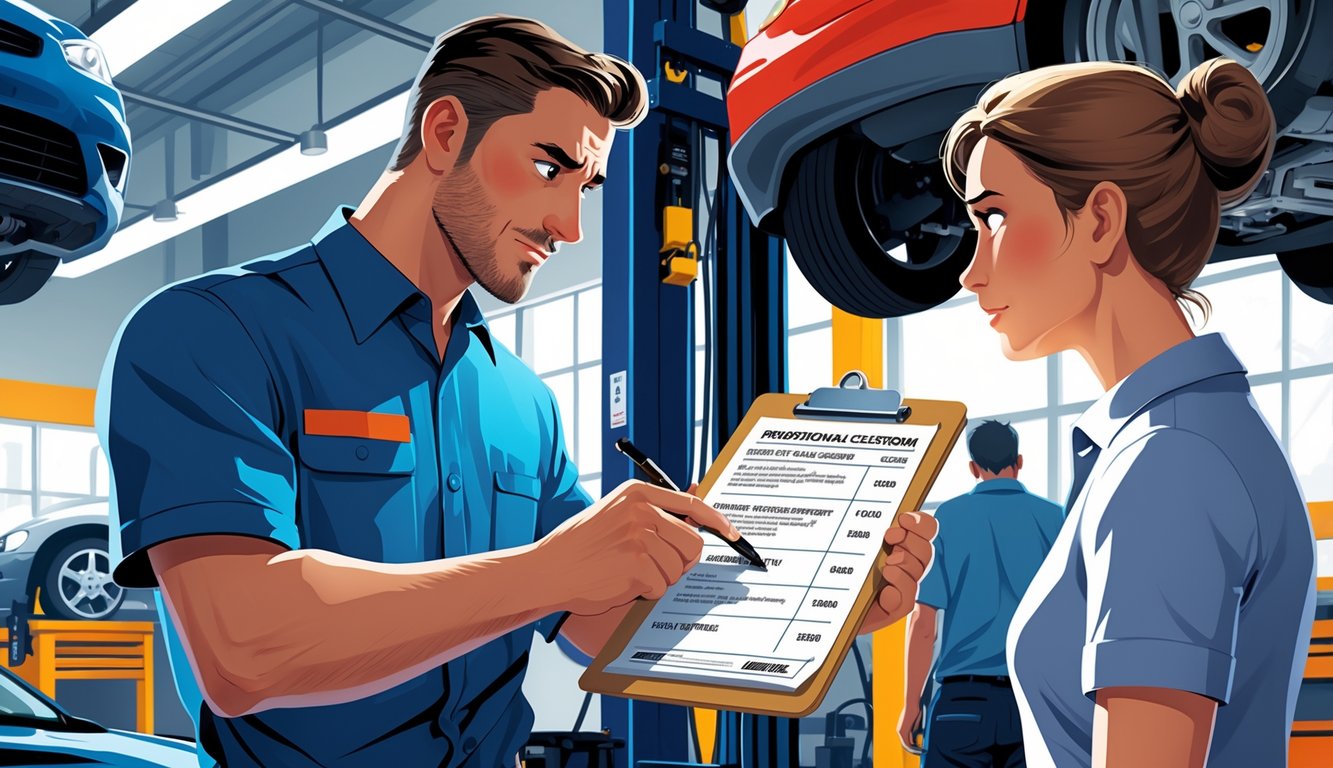 A mechanic in a car repair shop shows a bill with hidden extra charges to a confused customer amid tools and vehicles.