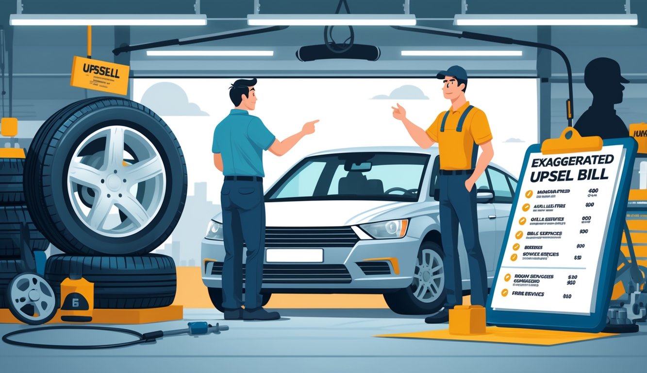 A customer talks with a mechanic in a car repair shop while looking at a repair bill, surrounded by visuals of inflated prices and extra services added to the bill.