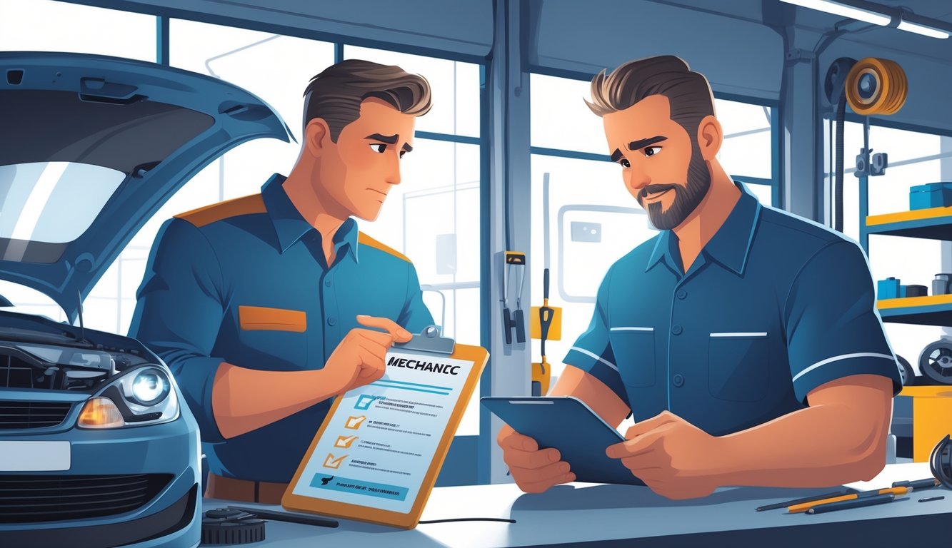A car owner talks with a mechanic at a repair shop counter, looking cautious while the mechanic holds a clipboard with a bill, surrounded by car parts and tools.