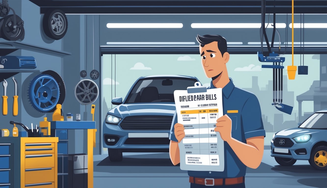 A mechanic secretly showing a worried customer an inflated repair bill inside a car repair shop.