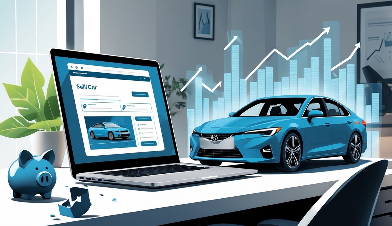 A person at a desk using a laptop to sell a car online, with visual elements showing financial loss like a downward graph and fading money symbols.