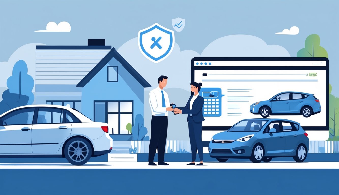Two people exchanging car keys for a test drive near a house, with a computer screen showing an online car sale platform in the background.