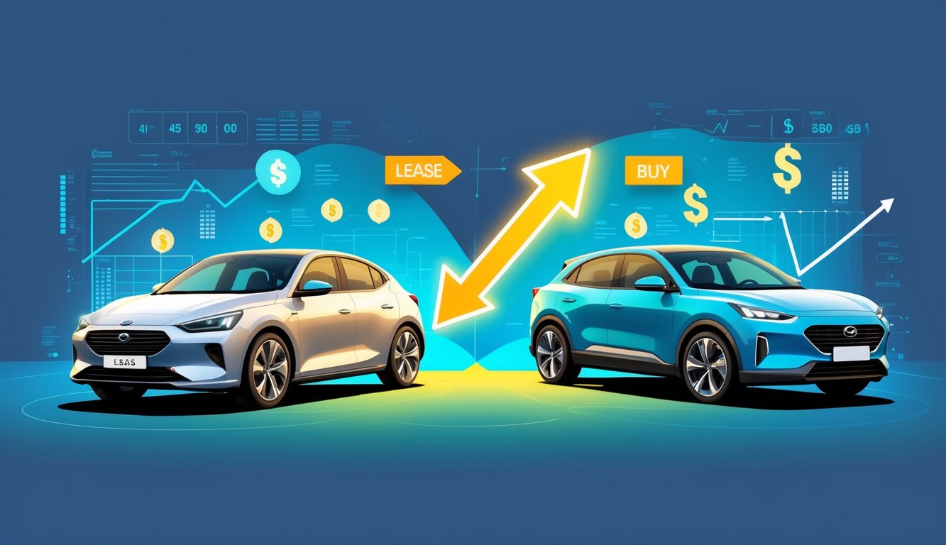Two cars side by side representing leasing and buying, with symbols showing payment and ownership, and a scale tilted towards leasing to show a shift in costs.