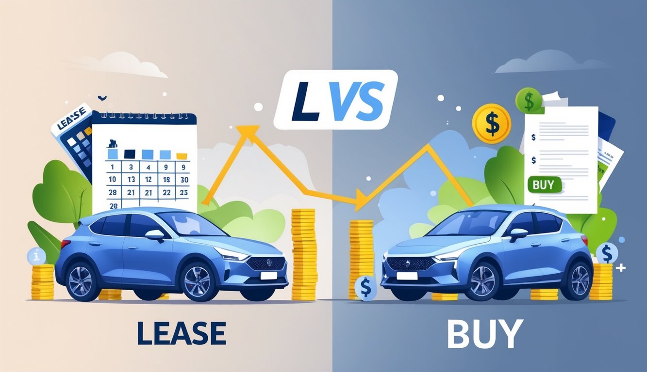 An illustration showing a comparison between leasing and buying cars, with visual elements representing payments and costs, and a smart shopper evaluating the options.