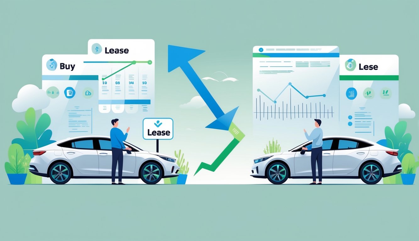Two people comparing cars side by side with icons showing pros and cons of leasing versus buying, and a scale shifting toward leasing.