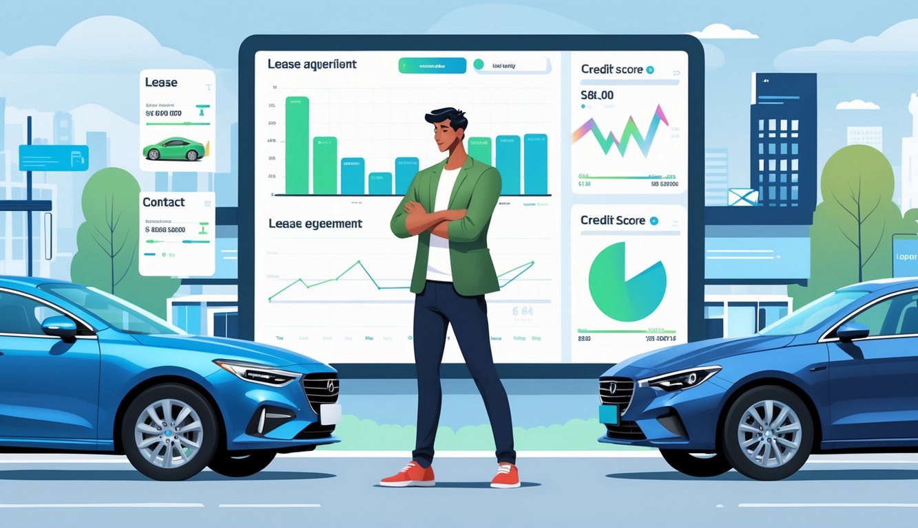 A person comparing leasing and buying a car with financial charts and credit score details in the background.