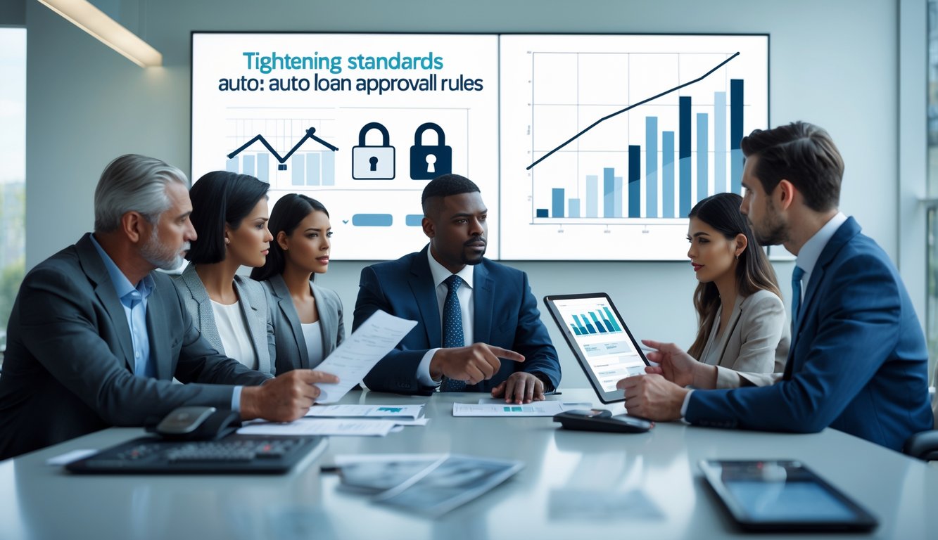 People discussing auto loan applications with a bank officer in a modern bank office.
