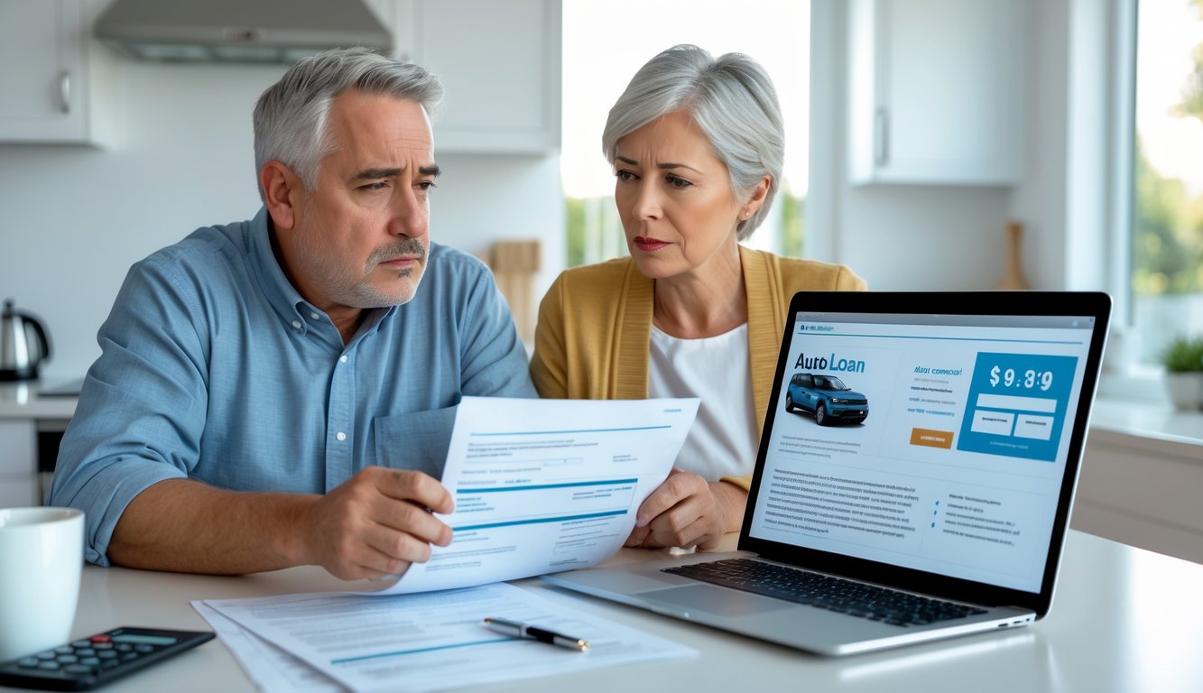 A middle-aged couple sitting at a kitchen table reviewing financial documents and a laptop, looking concerned.
