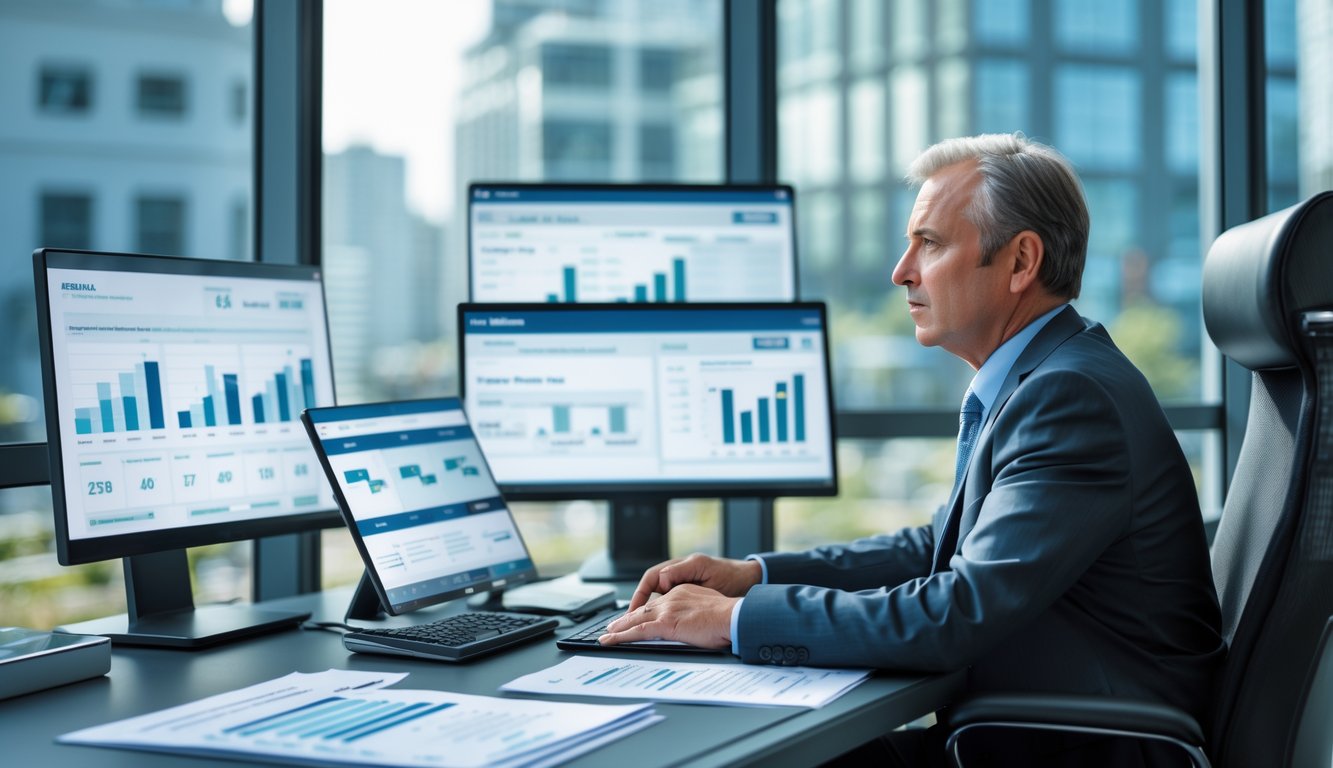A senior loan officer in a bank office reviewing auto loan applications with financial charts on screens and documents on the desk.