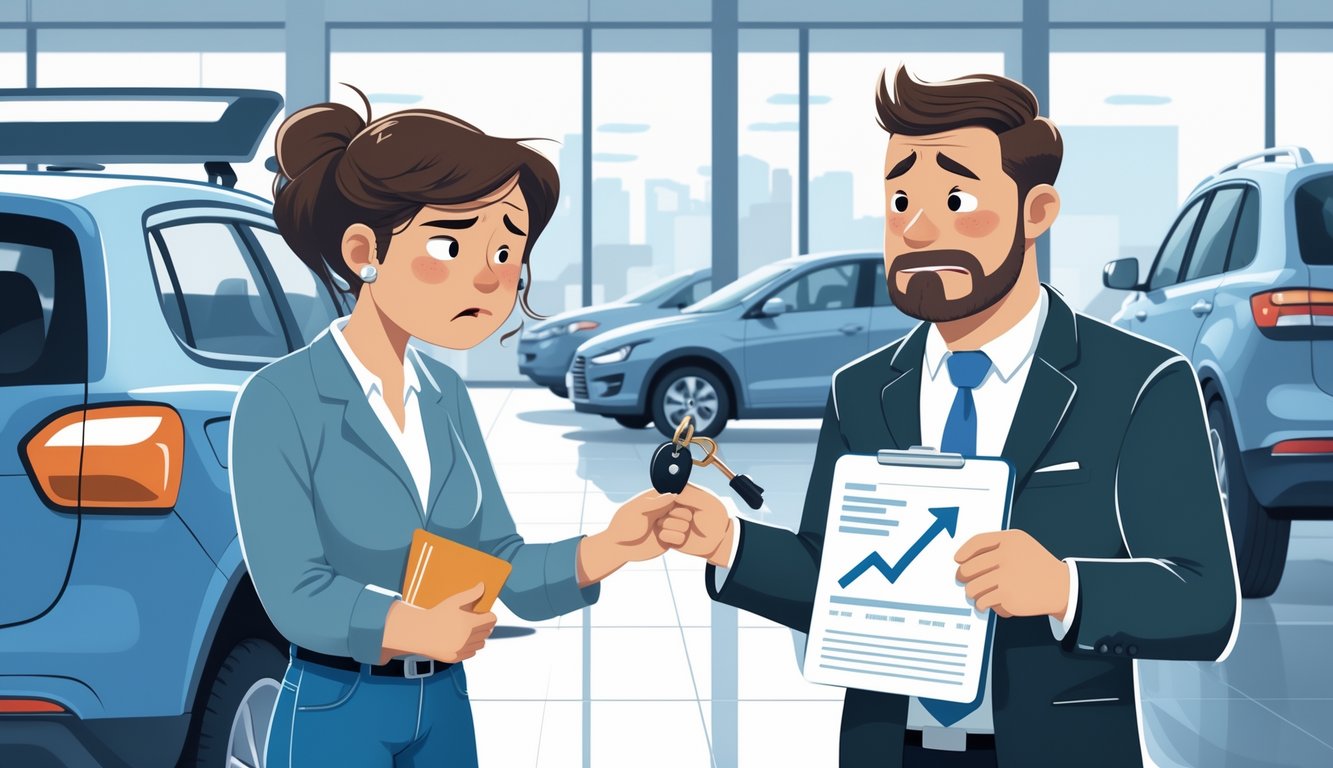 A car owner looks disappointed while handing over keys to a dealership representative in a car showroom, illustrating a low trade-in offer.