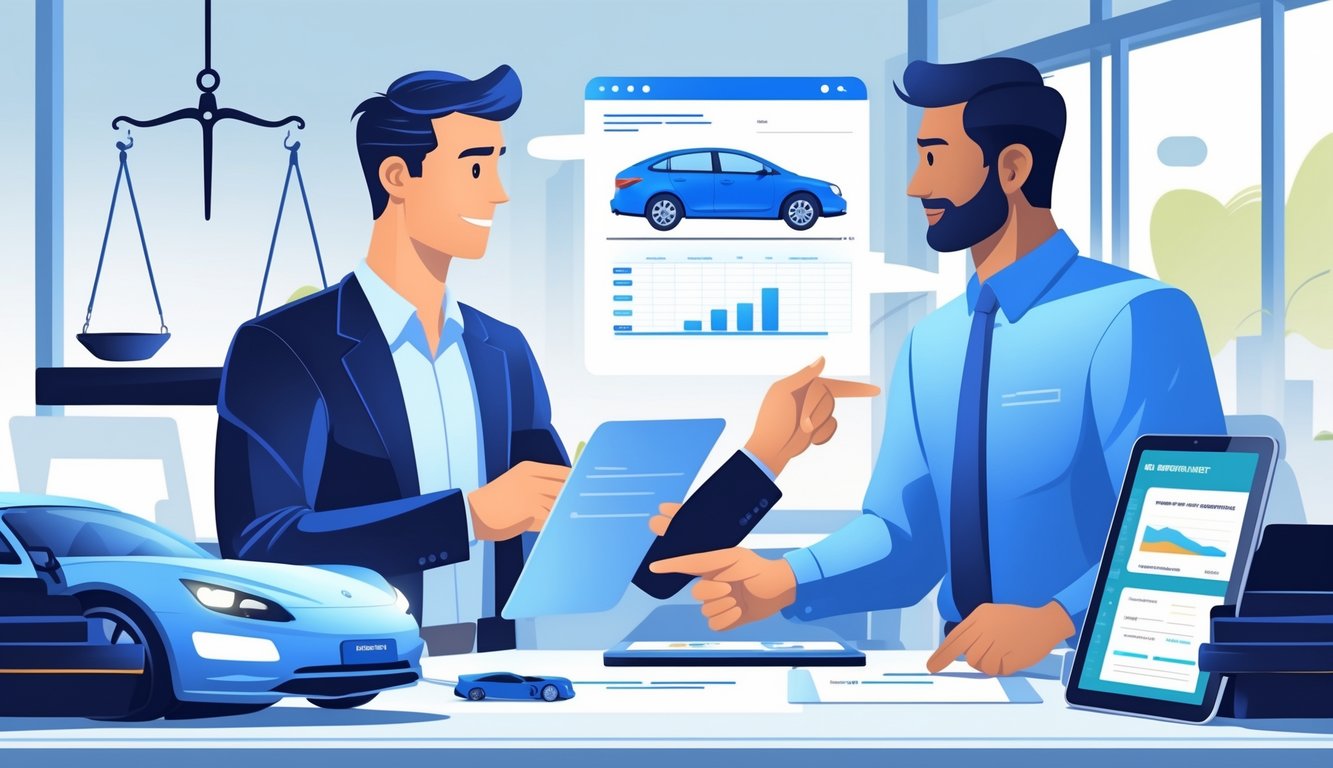 A car owner and a dealership representative discussing a trade-in estimate at a desk inside a car dealership.