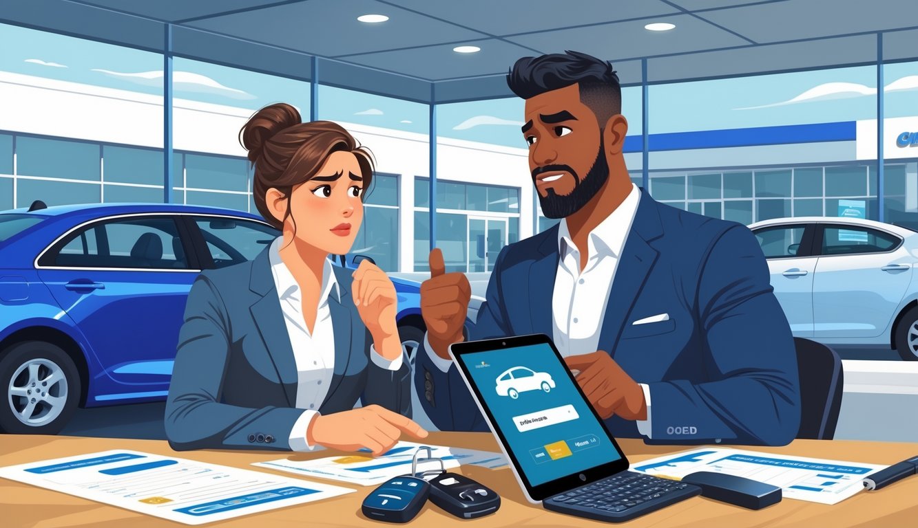 A car salesperson and a driver negotiating a trade-in deal at a dealership desk with paperwork and a used car in the background.