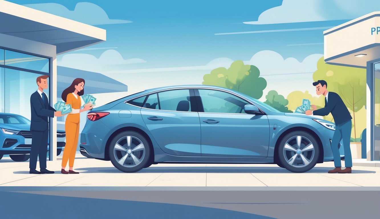 A car owner receiving less money from a dealership representative on one side and more money from a private buyer in an outdoor setting on the other side, illustrating the difference between trade-in and private car sales.
