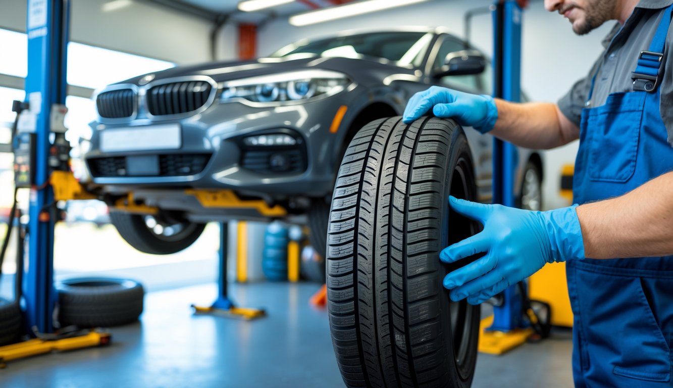 A mechanic inspecting a car tire in an auto repair shop with a car lifted in the background.