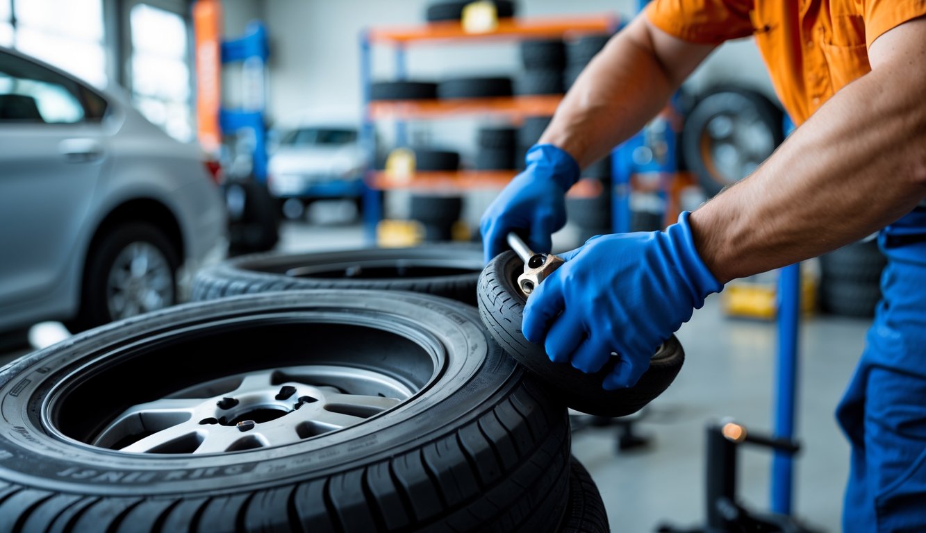 A mechanic rotating tires on different types of vehicles in an auto repair shop.