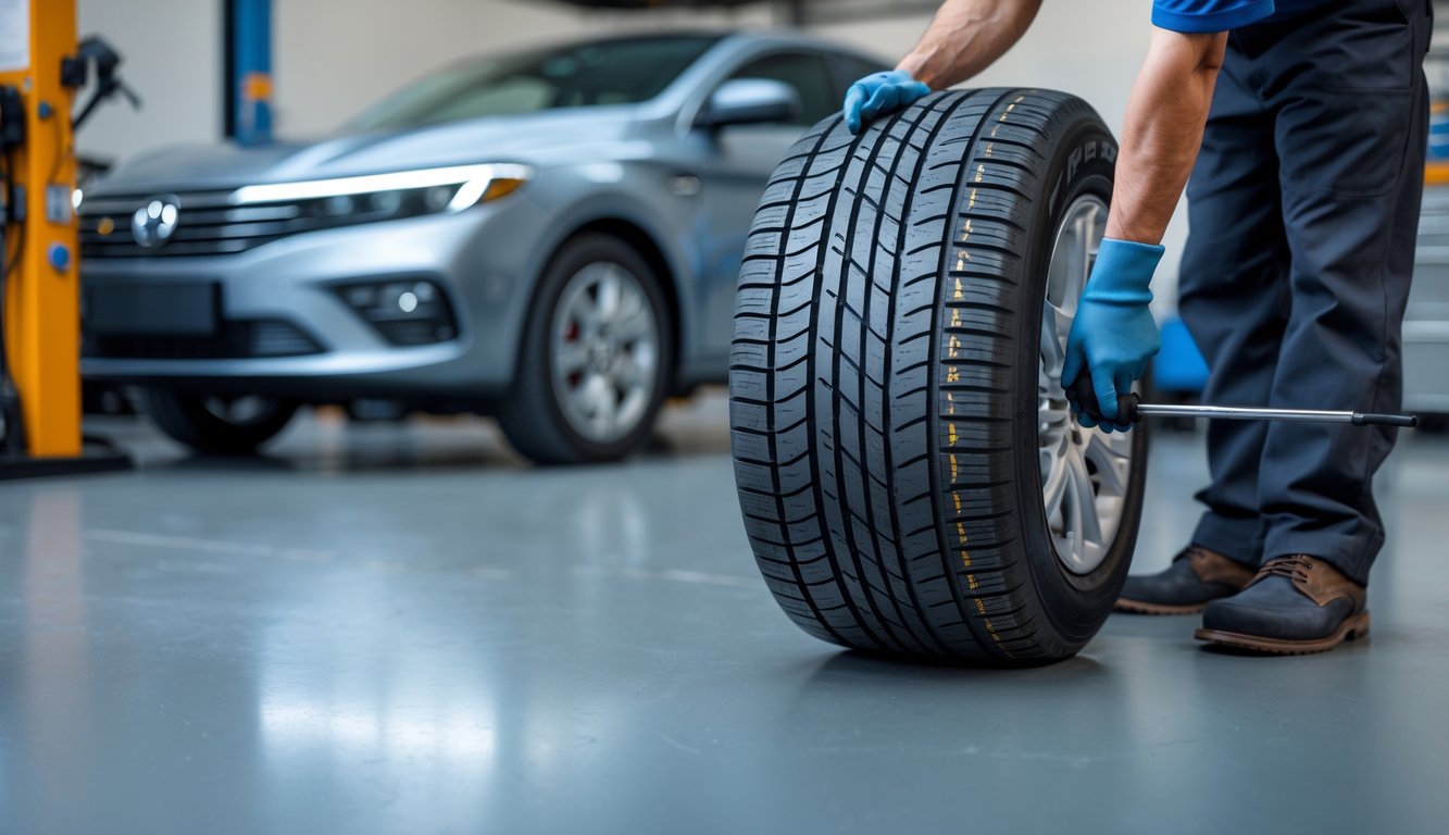 Close-up of two car tires with different tread patterns and a mechanic holding a tire iron, with a car in the background.