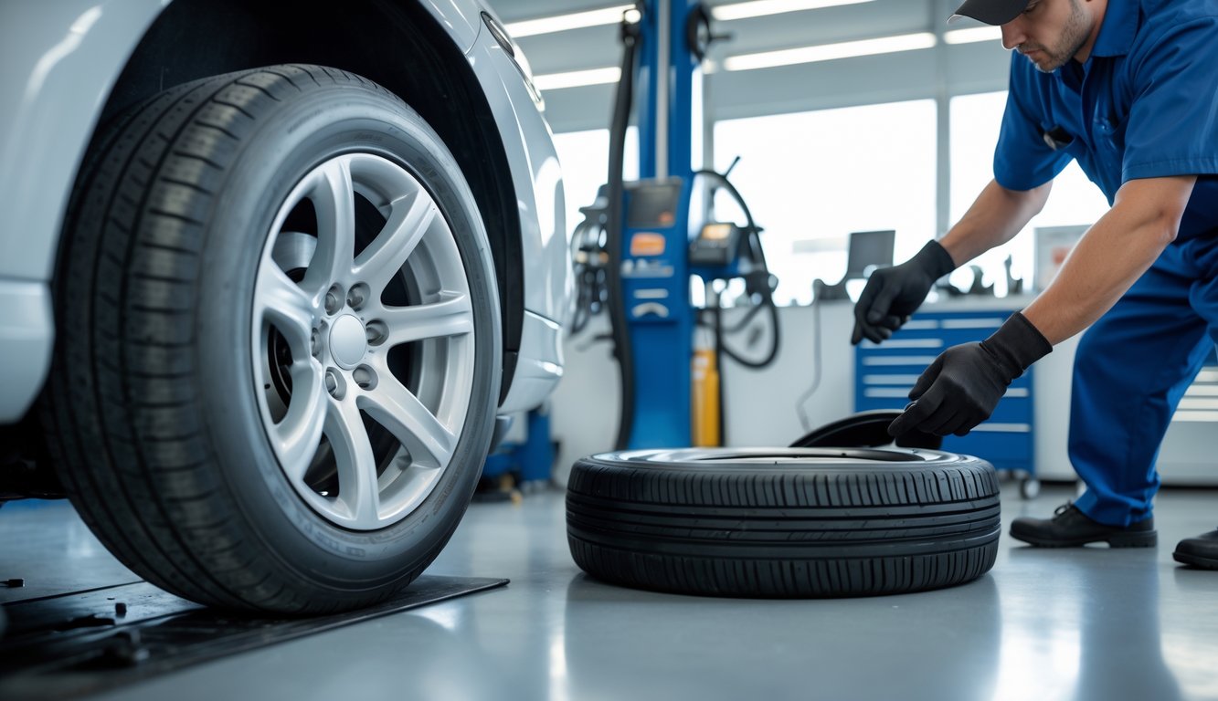 A mechanic rotating a tire on a car in an auto repair shop.