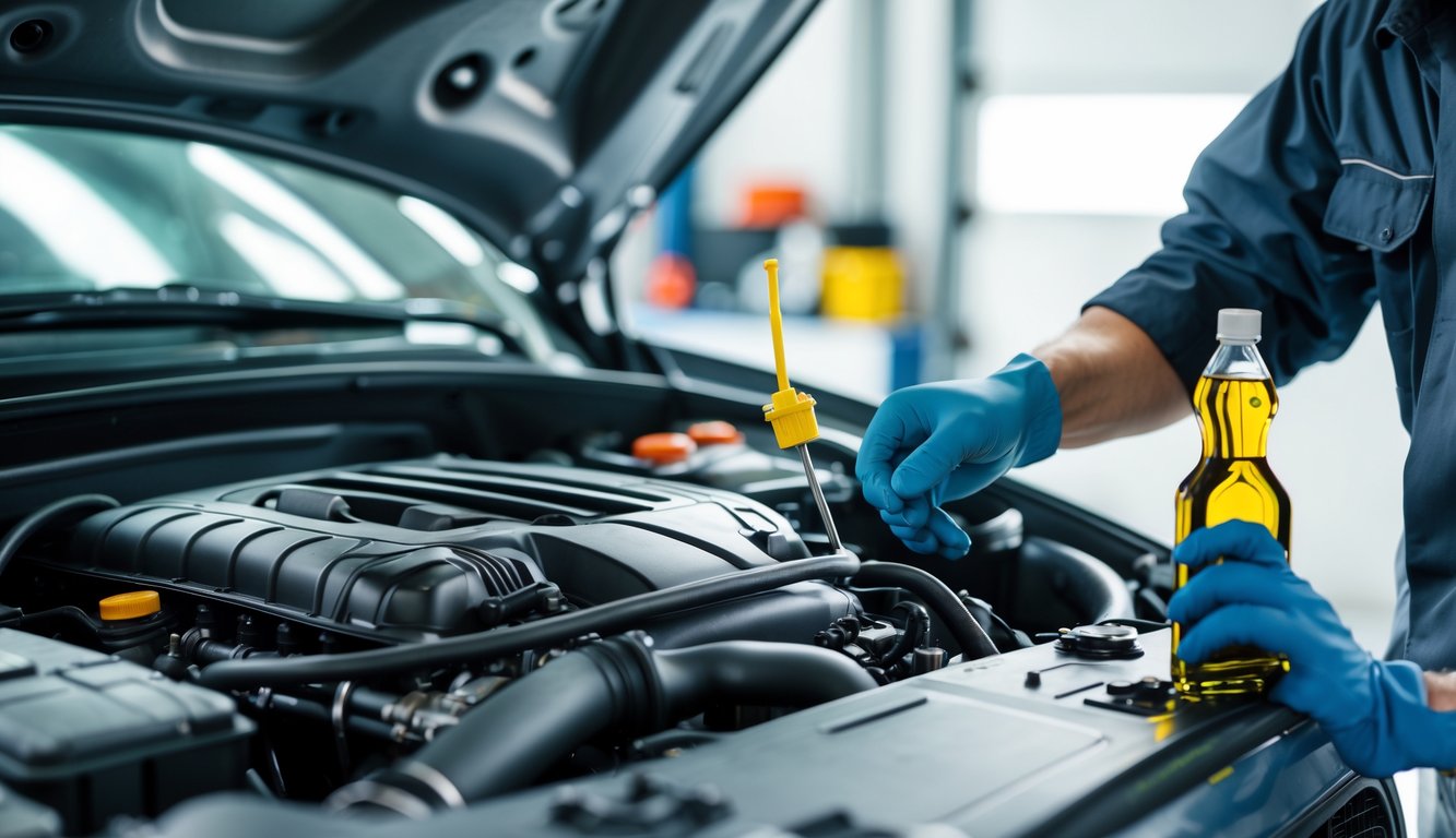 A mechanic inspecting a modern car engine with a dipstick and motor oil bottle in a clean garage.