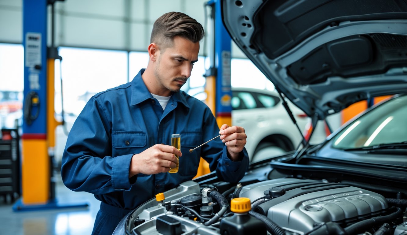 A mechanic inspecting a car engine with an oil dipstick inside a clean auto repair shop.