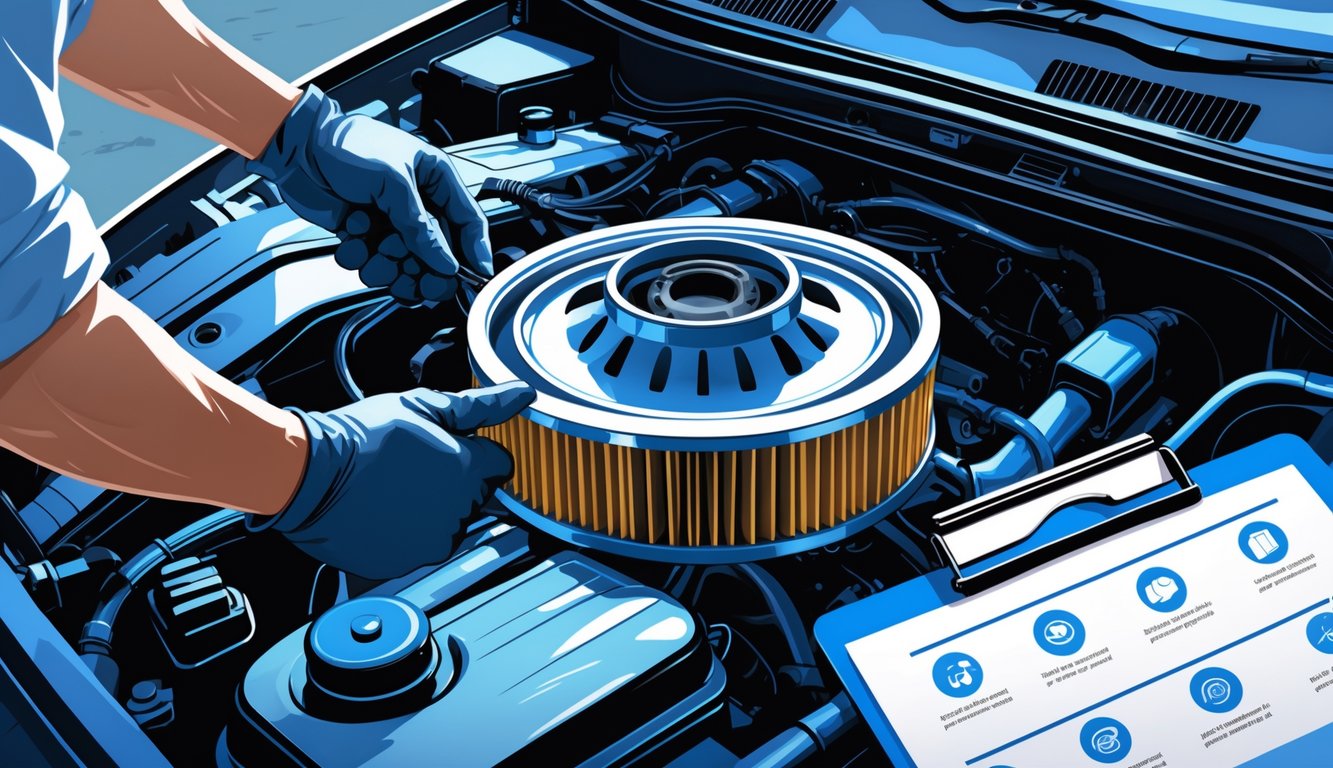 A mechanic replaces a car's air filter in an engine bay, with subtle visuals suggesting fuel loss nearby.