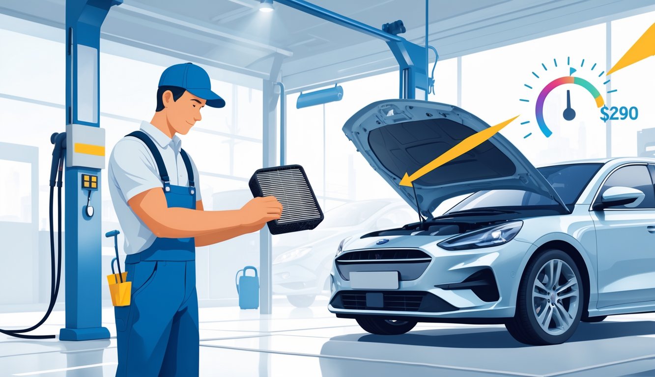 A mechanic inspecting a dirty and a clean car air filter in a garage with a car hood open and symbols representing fuel savings in the background.