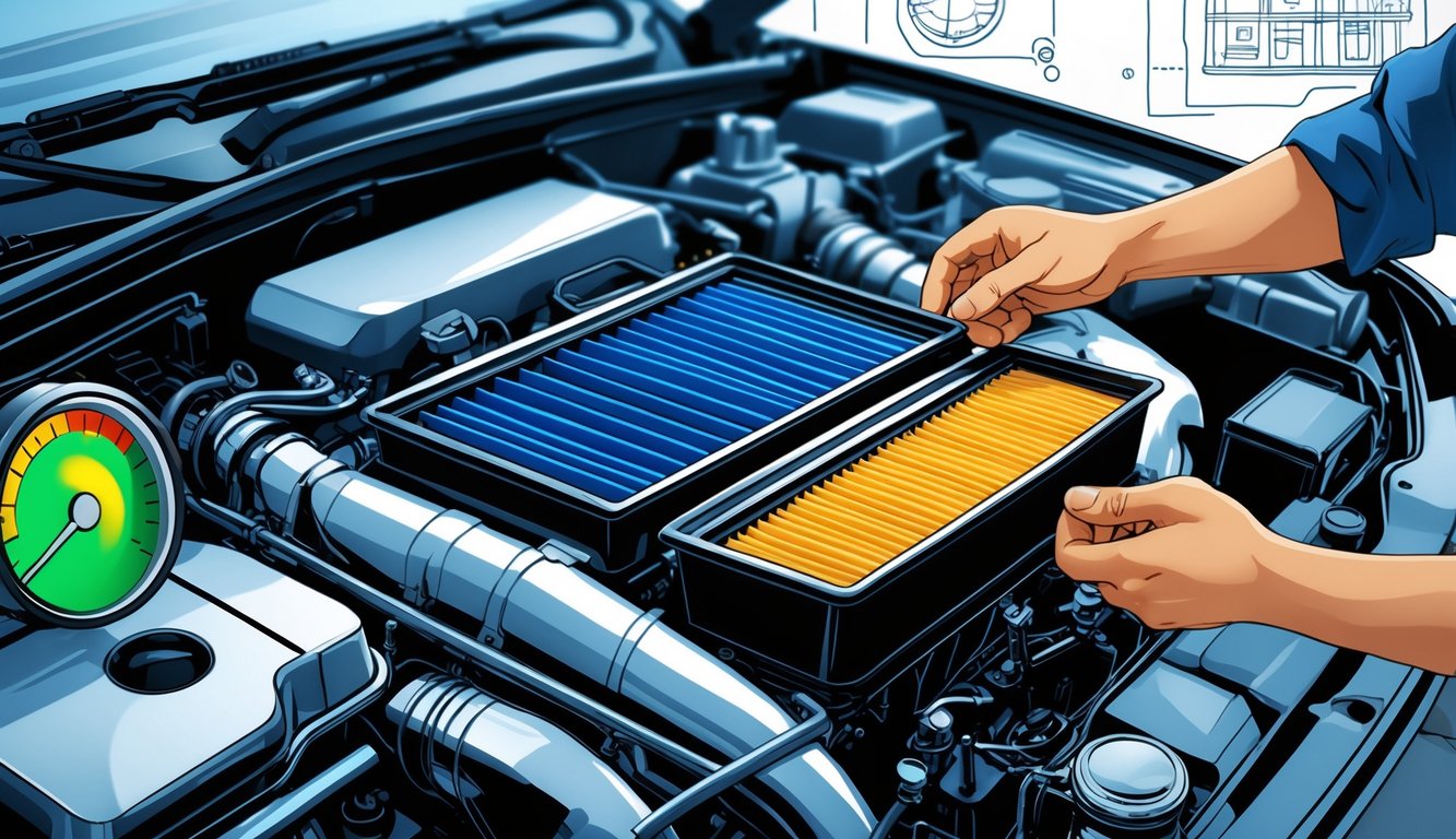 Close-up of a car engine with a clean and a dirty air filter side by side, showing a person inspecting the air filter to highlight its impact on engine life and fuel efficiency.