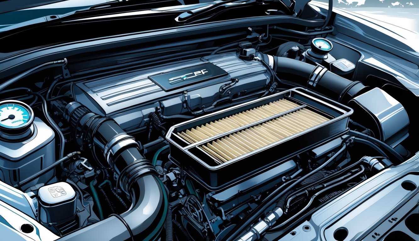 A car engine with a highlighted air filter being replaced, showing clean and dirty filters, surrounded by fuel and emissions control elements.