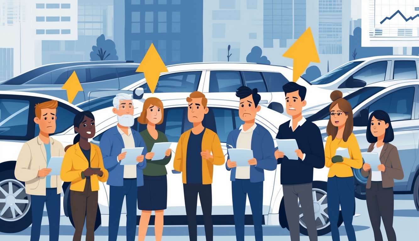 A diverse group of car owners looking surprised while reviewing car insurance papers near parked cars in a city setting.