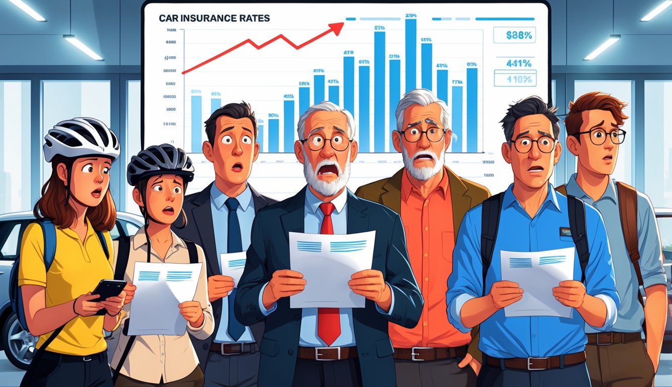 A group of diverse car owners looking surprised and concerned while reviewing insurance documents in an office with rising rate graphs displayed on a screen.