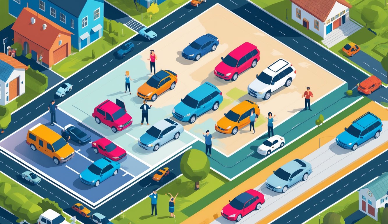A city and suburban scene with various vehicles and diverse people reacting near their cars, overlaid by a colorful map showing different regions representing changes in car insurance costs.