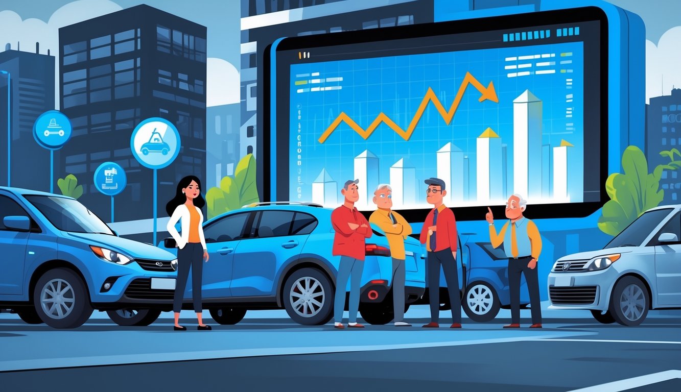 A diverse group of car owners near their vehicles in a city, looking concerned as a digital billboard shows rising car insurance rates with graphs and icons.