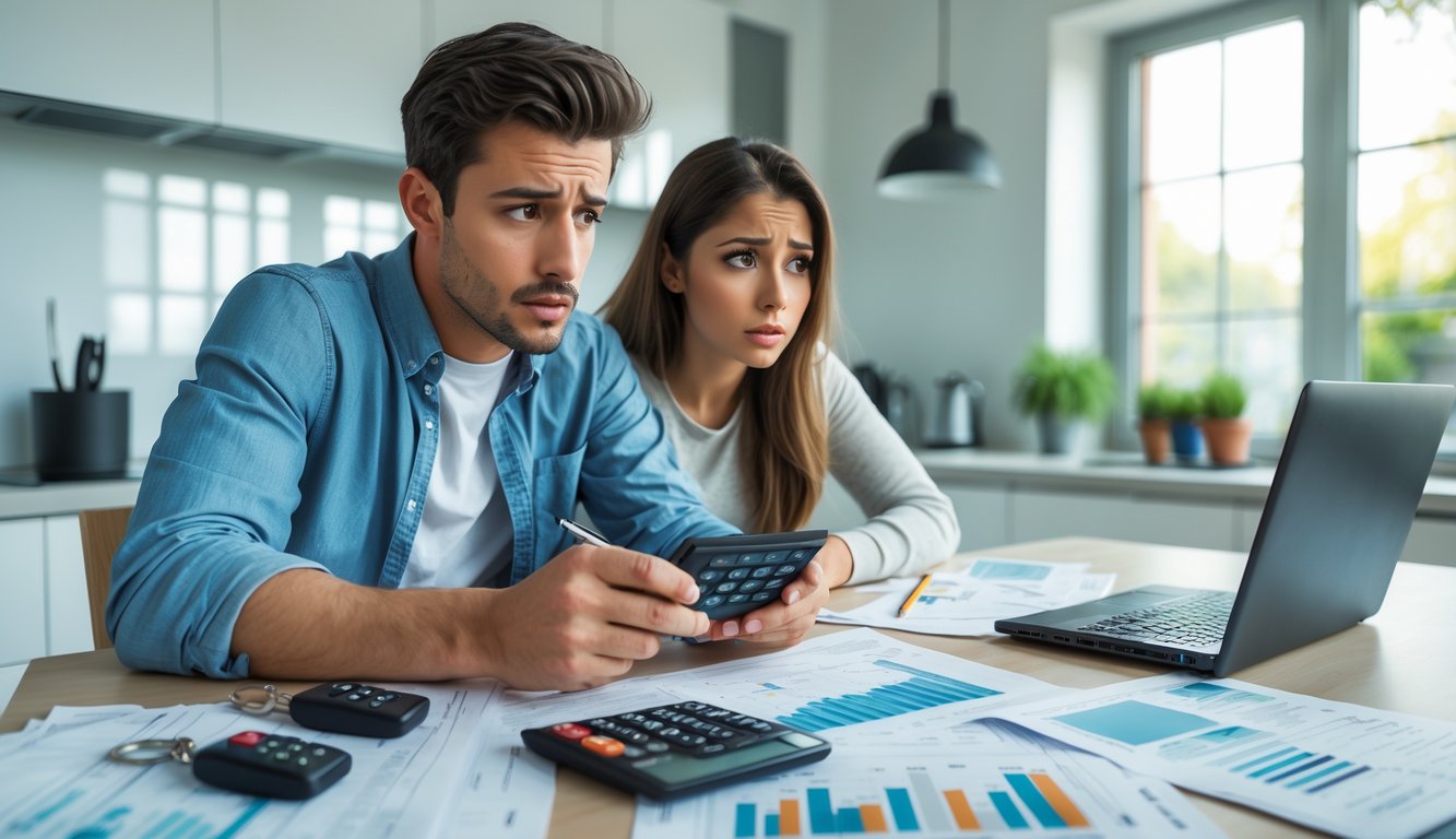 A worried young couple reviewing car loan documents and bills at a kitchen table with car keys and a laptop nearby.