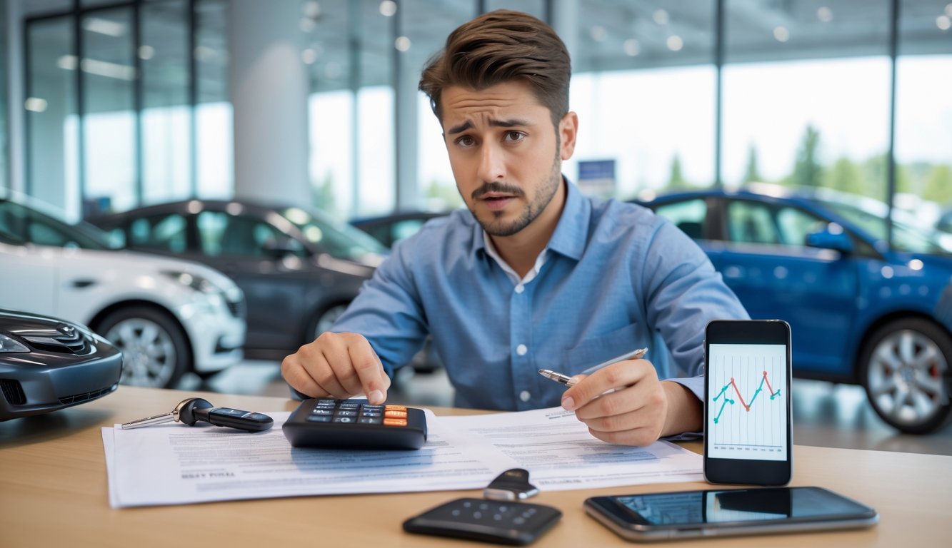 A person reviewing car loan paperwork with a salesperson in a car showroom, looking concerned while calculating payments.
