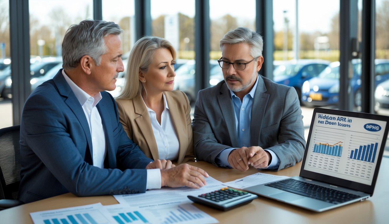 A couple discussing car loan details with a financial advisor at a desk in an office, with used cars visible outside the window.