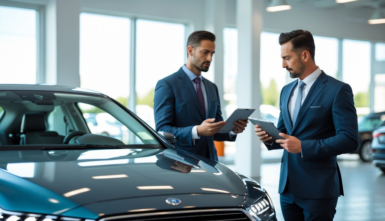 A car dealer and a customer reviewing documents inside a bright car showroom with a new car nearby.