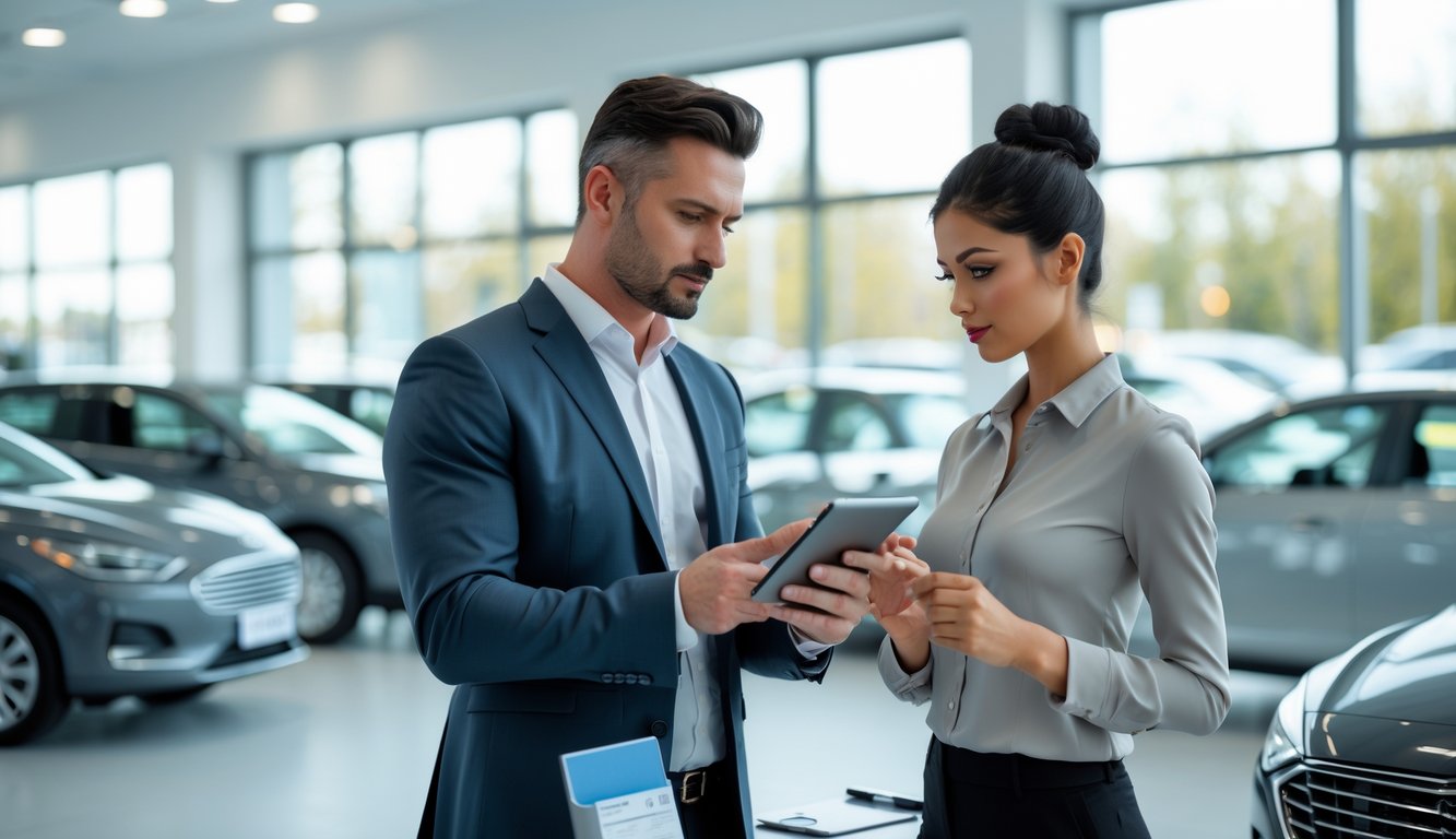 A car dealer and a customer discussing trade-in valuations inside a bright car dealership showroom with cars displayed around them.