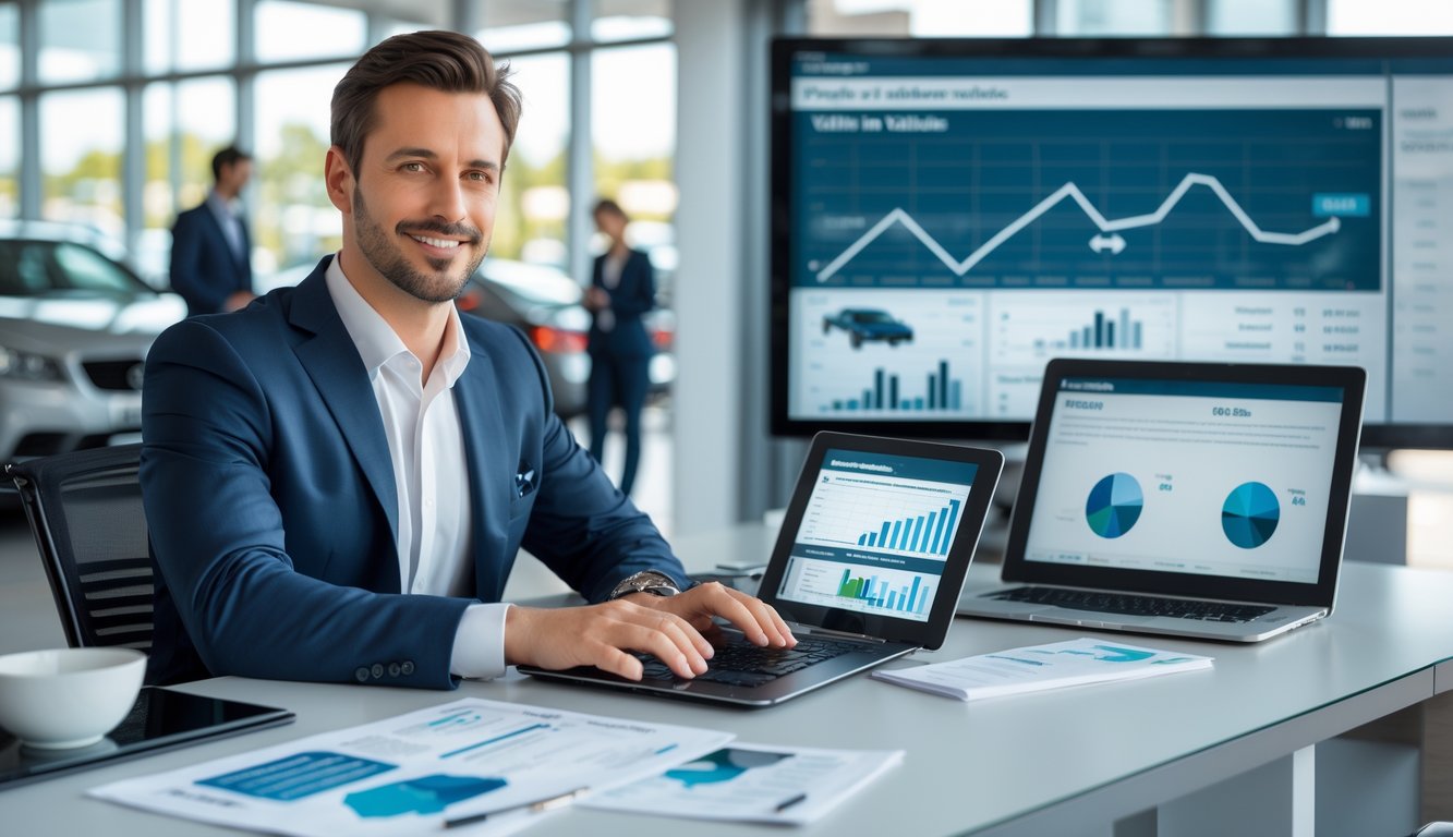 A business professional working at a desk with digital devices and valuation guides, with a car dealership showroom visible in the background.