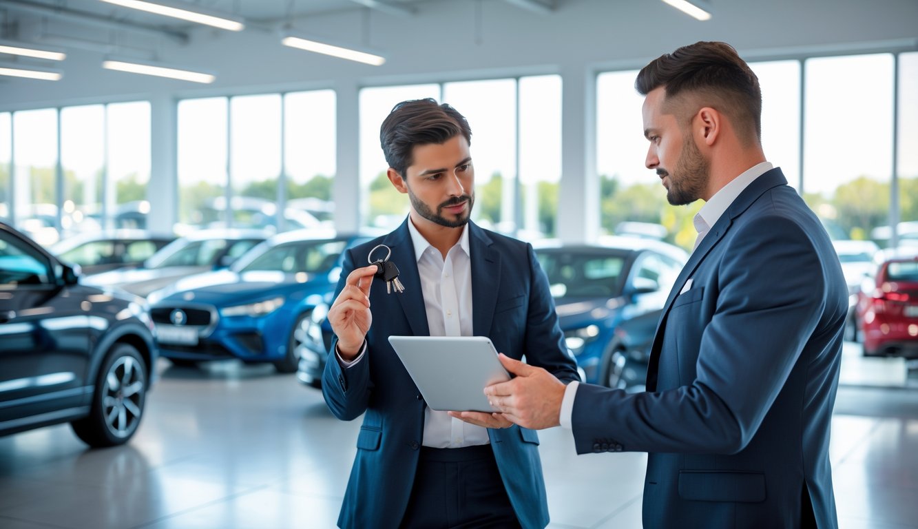 A car dealer and customer discussing vehicle appraisal inside a bright car showroom with cars in the background.