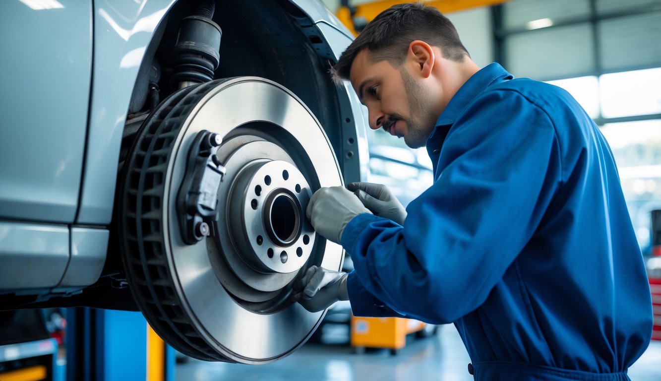 Mechanic inspecting a car's brake system in an auto repair shop.
