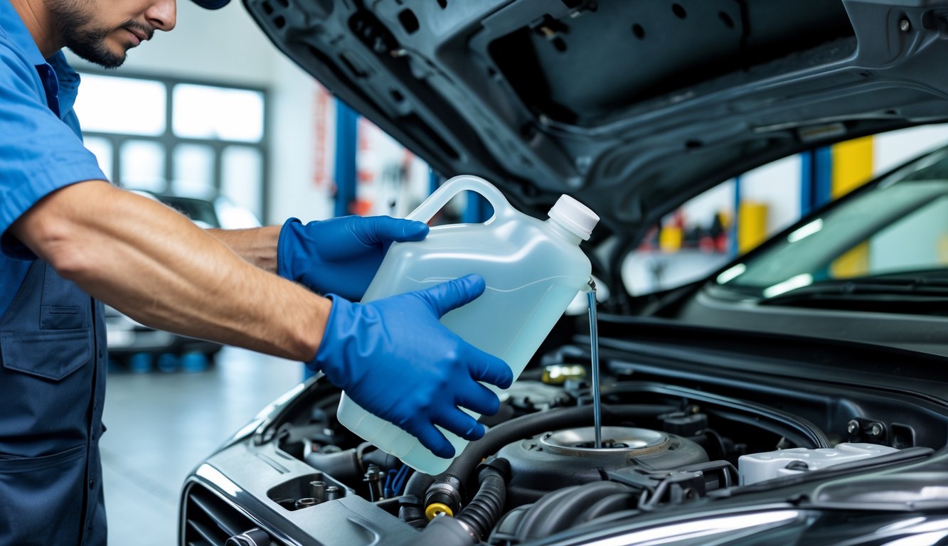 A mechanic pours brake fluid into a car's brake fluid reservoir in a clean auto repair shop.