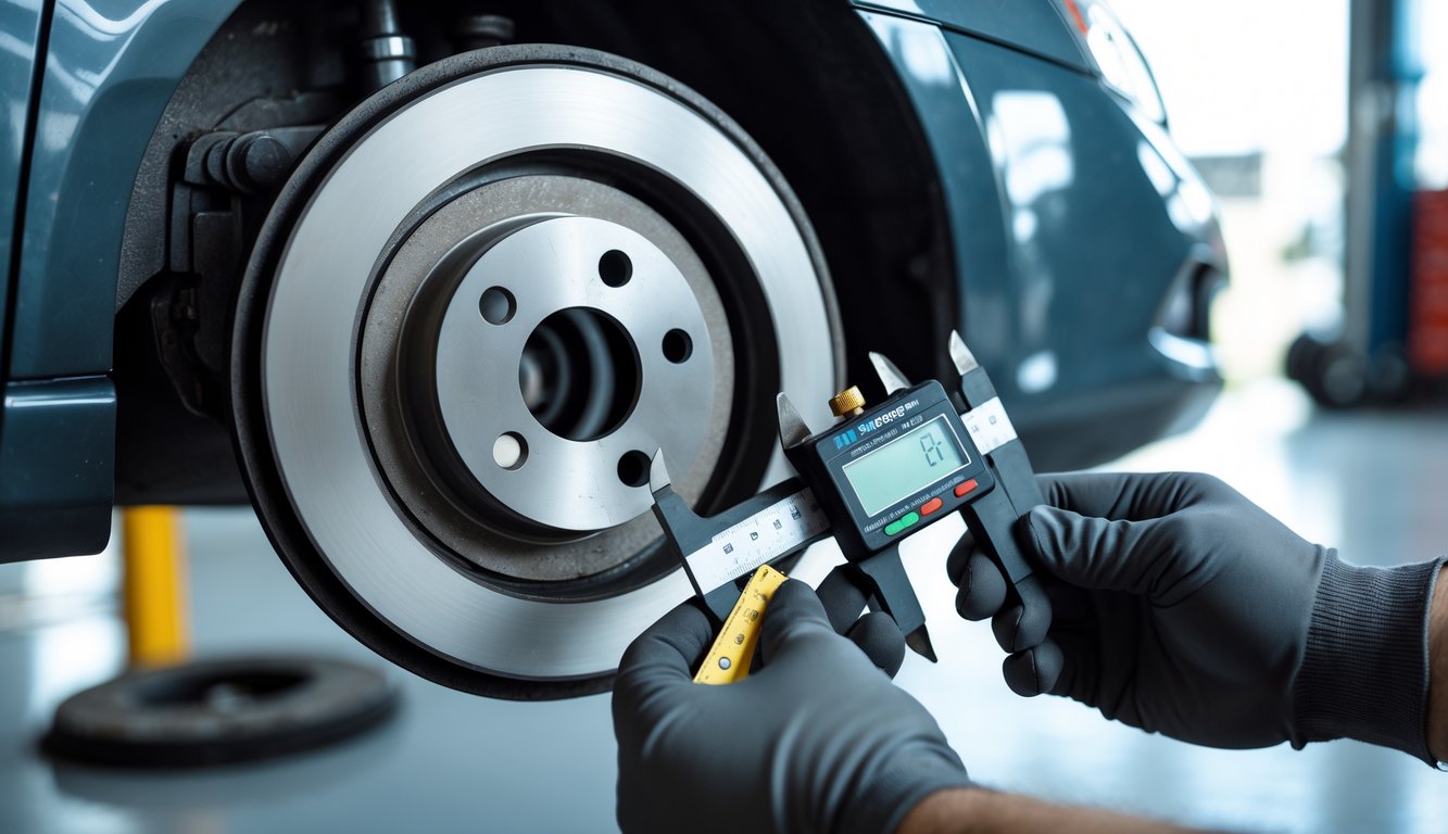 Mechanic's hands holding worn brake pads and measuring their thickness with a caliper in an automotive workshop.