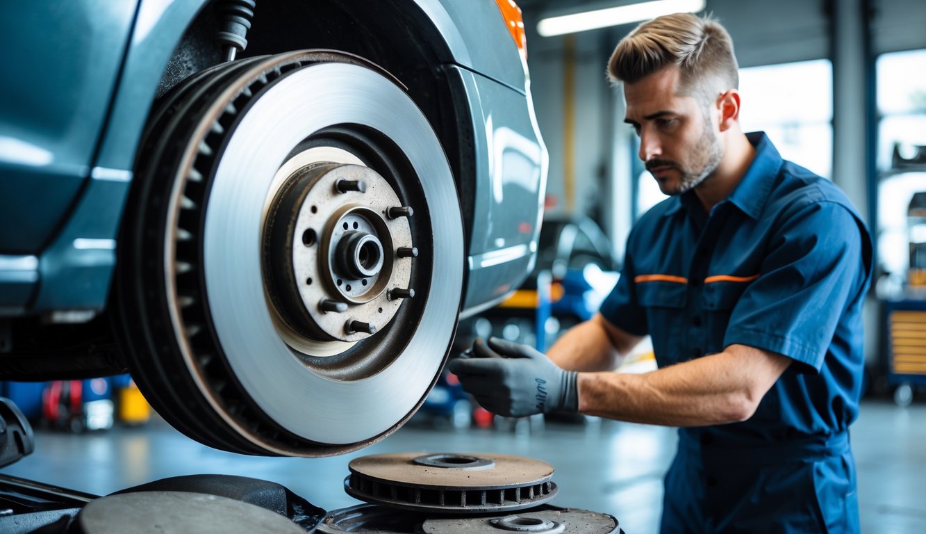 A mechanic inspecting worn and damaged car brake components in an auto repair shop.