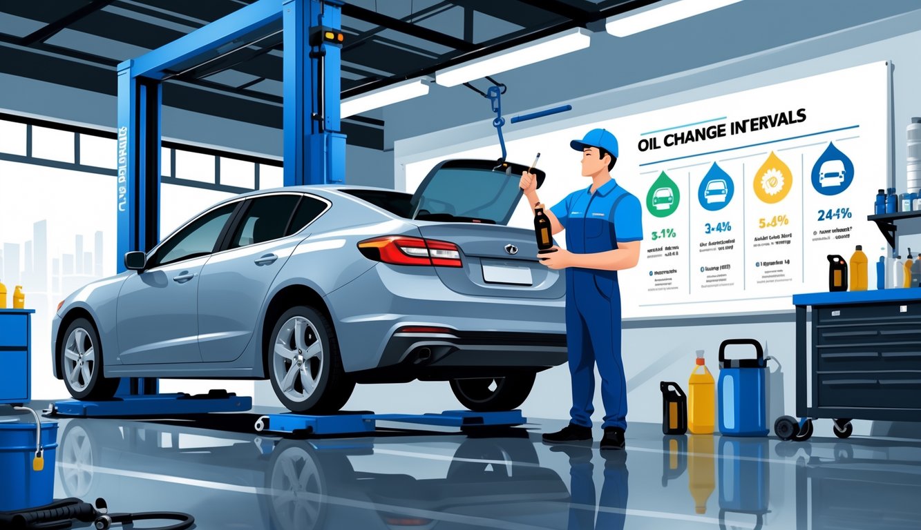 A mechanic inspects a car lifted in a repair shop with an illustrated chart showing different oil change intervals and driving conditions.