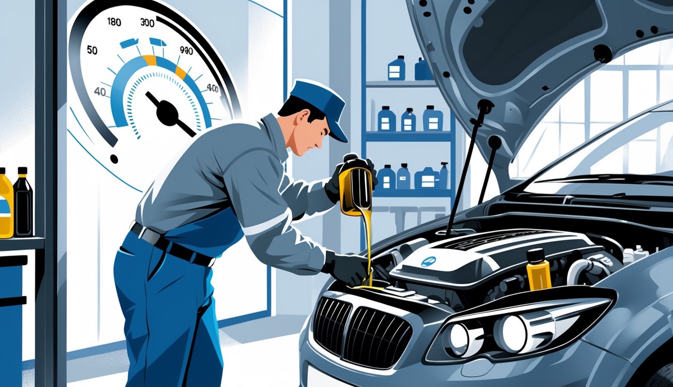 A mechanic changing the oil of a car engine in a clean auto service garage with a mileage gauge in the background.