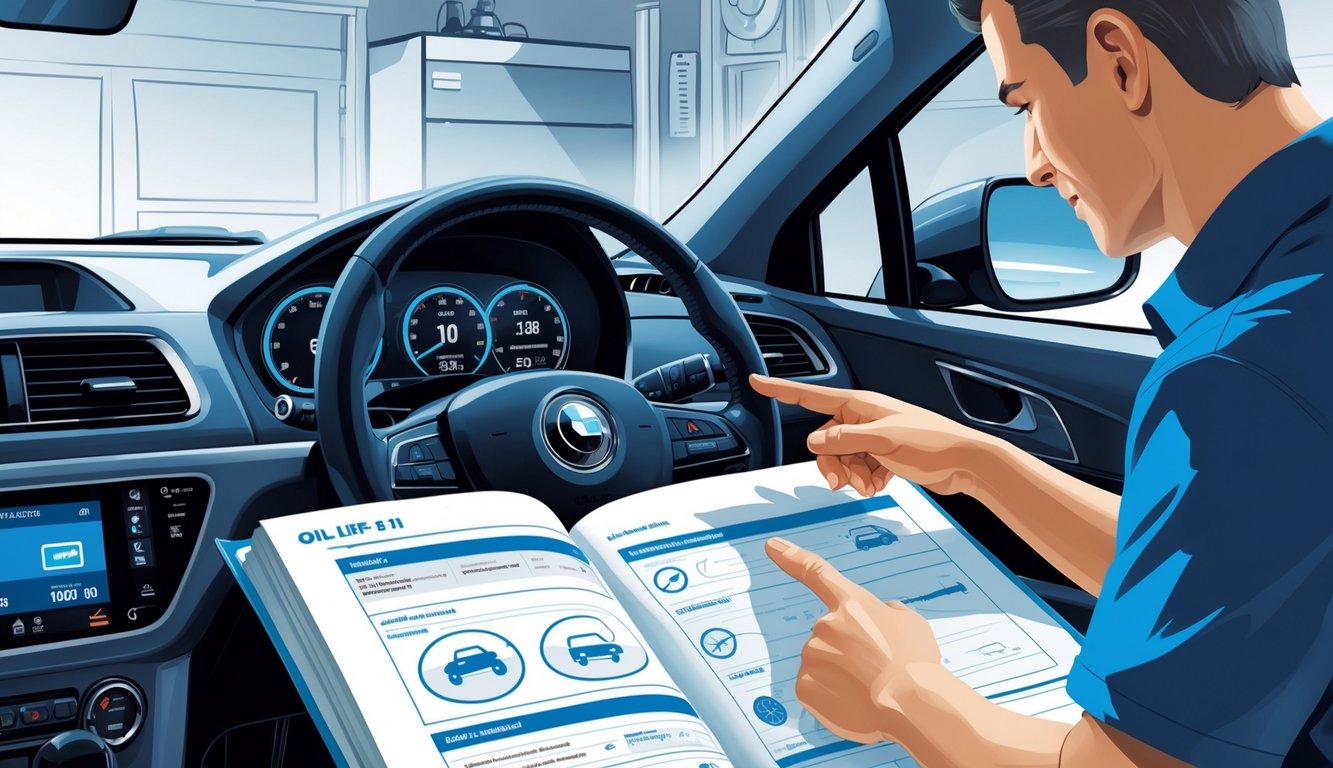 A person consulting an open owner's manual next to a car dashboard showing an oil-life monitor alert, with a garage setting in the background.