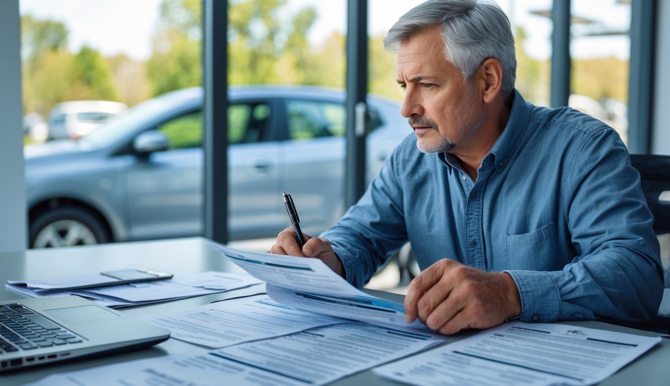 A person sitting at a desk reviewing vehicle registration documents with a car visible through a window behind them.