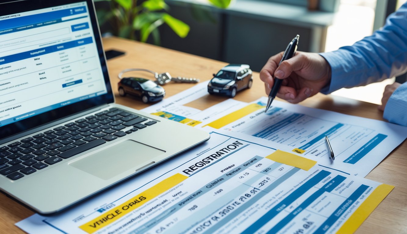 Person reviewing vehicle registration documents and bills at a desk with a laptop, calculator, car key, and model car.